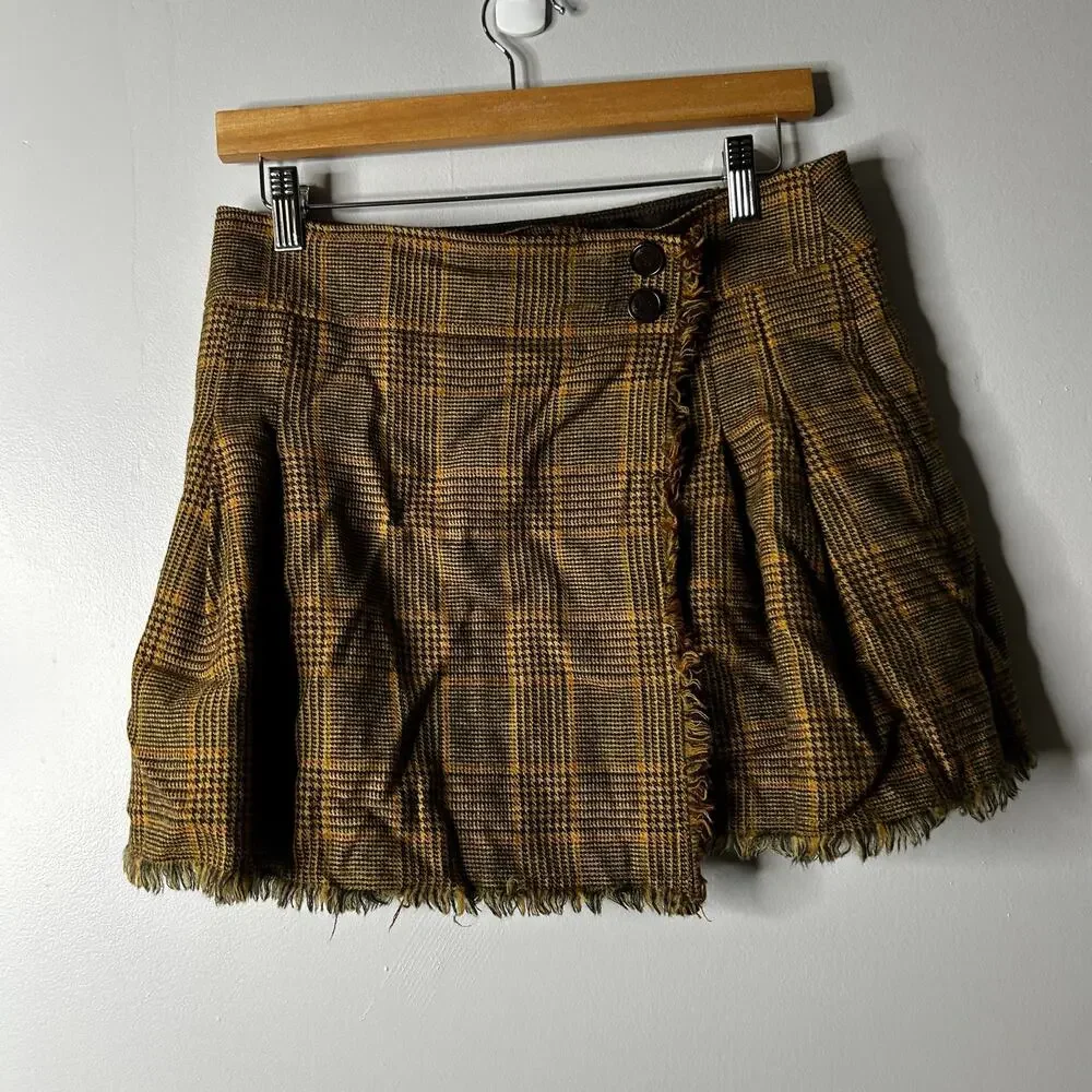 Vintage‎ J. Crew Y2k Houndstooth Schoolgirl Wool Mini Skirt Fringe Womens 4 90s